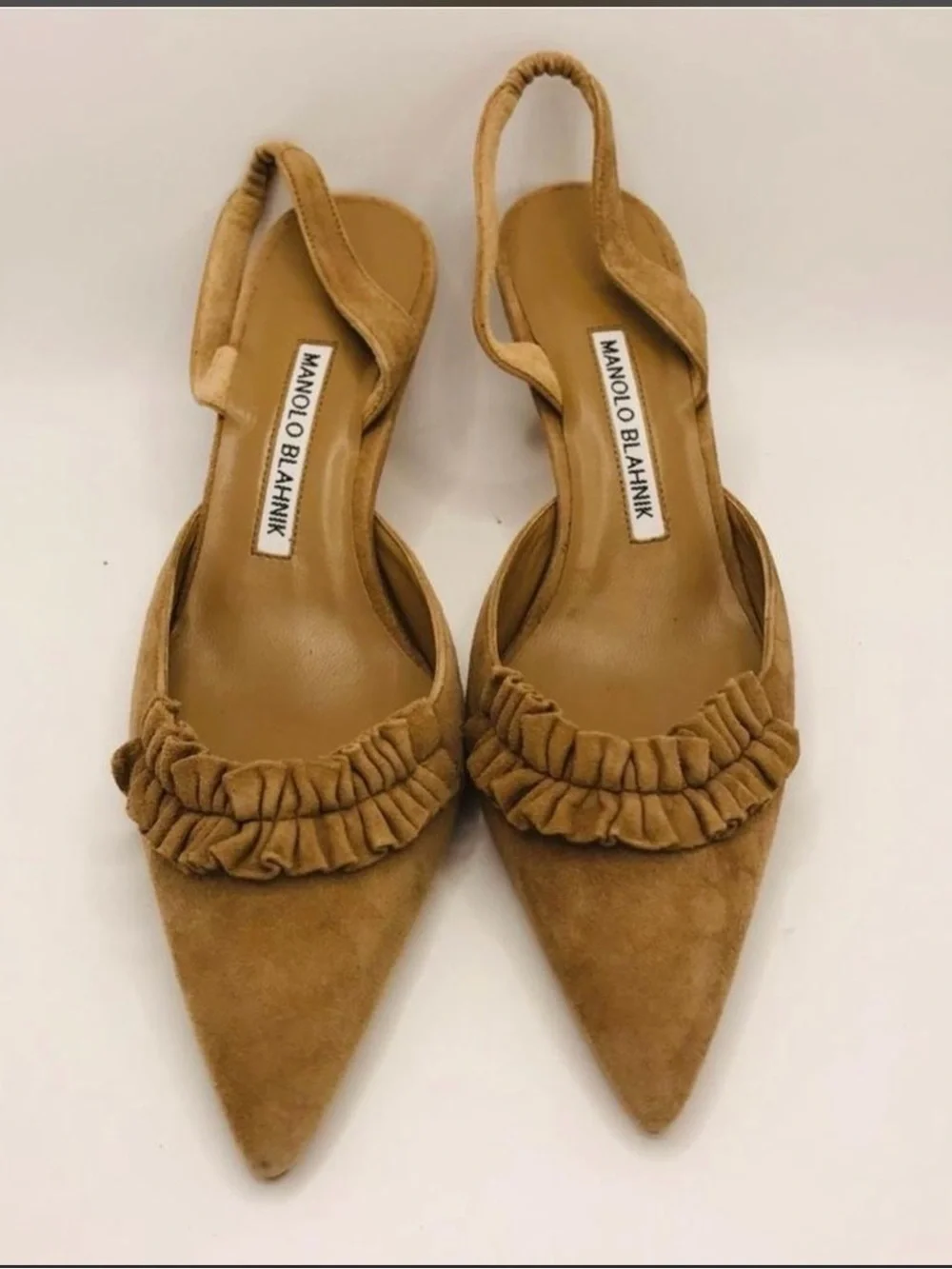 Manolo Blahnik Camel Suede Pointed Slingback Pumps with Ruching